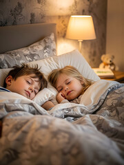 Peaceful scene of two young siblings sleeping soundly side-by-side in a cozy bedroom.