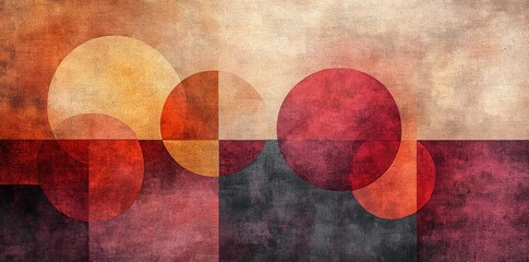Abstract textured artwork featuring overlapping circles and rectangles in warm tones of red, orange, yellow, and black creating a harmonious geometric composition