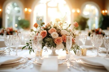 Sunlit elegant banquet table with crystal glassware, white and peach rose centerpiece, candles, place settings and silverware evoking romantic joyful celebration
