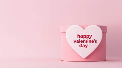 Cute pink gift box featuring a white heart with happy Valentine's Day text, set against a soft pink background offering copy space