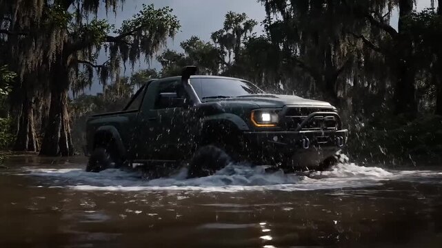 A formidable off-road truck forges through the shadowy waters of a wild swamp, highlighting its robust design and adventurous journey into the heart of nature