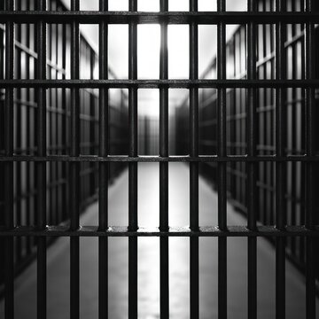 view through heavy prison bars into an empty narrow cell corridor, stark black and white contrast and cold austere light conveying isolation and confinement
