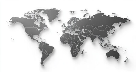 Minimalist gray world map with country outlines and subtle drop shadows, modern clean aesthetic conveying calm global perspective and sense of exploration