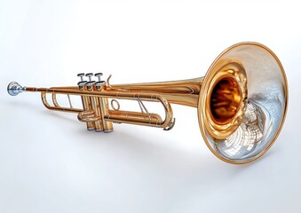 Naklejka premium gleaming polished brass trumpet lying on a white surface showing mouthpiece, valves, tubing and reflective bell, elegant studio composition conveying calm and refined musical precision