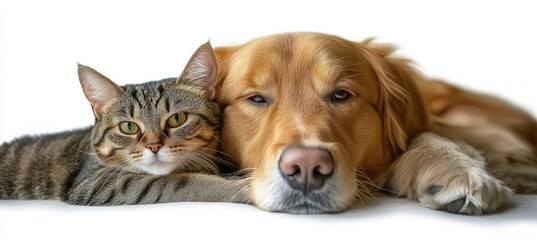Fototapeta premium content tabby cat lying on white background beside a resting golden dog paw, calm cozy companionship