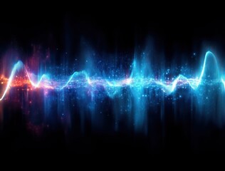 vibrant glowing blue and orange audio waveform with sparkling particles and light trails over a dark background conveying dynamic futuristic energy and mysterious motion