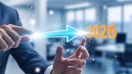 A businessman interacts with a holographic interface showing a glowing arrow pointing toward the year 2026, symbolizing business planning, financial analysis, future growth, strategy, and goal settin