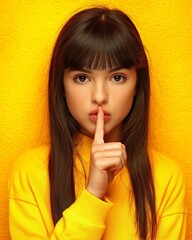 Naklejka premium Girl Gesturing Silence in Vibrant Yellow