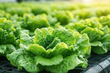 rows of fresh green lettuce heads in planting trays bathed in warm morning sunlight, crisp vibrant leaves conveying health and calm