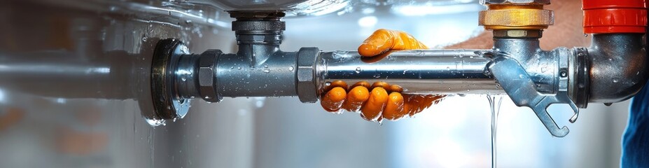 orange-gloved hand gripping dripping chrome drain pipe under sink during urgent plumbing repair
