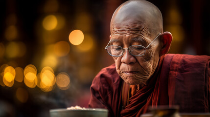 Monk participating in Htamane Making Competition at Shwedagon Pagoda, Myanmar with serene concentration and traditional attire