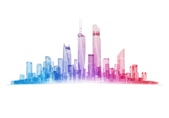 Fototapeta premium A solitary, abstract modern cityscape silhouette, tall buildings, skyscrapers, glowing translucent crystalline material, blue to pink gradient, transparent background, copy space, studio shot, concept
