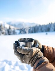 冬のキャンプ場で、湯気の立つステンレスカップを手袋越しに持つ手元を捉えたシーン。
顔を写さない構成により、年齢や人物像を限定しない汎用性の高い素材。
雪景色をぼかした背景と冷たい自然光が、静かで上質な冬の空気感を演出。
アウトドア、ラグジュアリー、冬季キャンペーン広告に最適です。