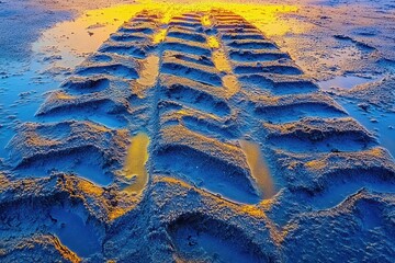 deep tire tracks pressed into wet sand with golden sunset reflections and vivid blue and yellow textured patterns conveying motion and mystery