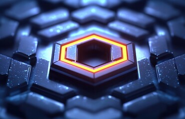 glowing orange hexagonal core on glossy blue metallic hex tile grid, layered 3d geometric pattern with neon highlights and a futuristic mysterious atmosphere