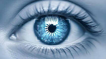 Close-up of a high-tech blue eye scanning digital data, representing the future of identity and security challenges like deepfake detection and biometric verification in 2026.