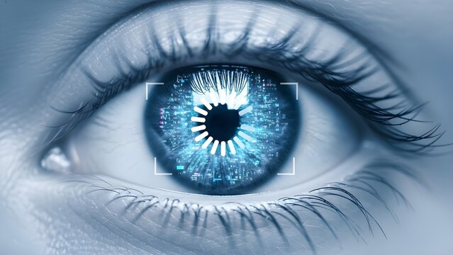 Close-up of a high-tech blue eye scanning digital data, representing the future of identity and security challenges like deepfake detection and biometric verification in 2026. - Powered by Adobe