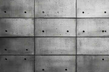 monochrome grid of rectangular concrete wall panels with circular tie holes, visible seams and textured surface conveying austere minimalist industrial calm