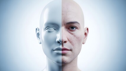 A striking deepfake concept for 2026 showing a face split between a realistic, imperfect human side and a smooth, synthetic 3D model, highlighting the advanced blurring line between reality, AI, and 