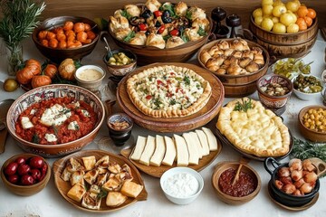 abundant rustic table spread of savory tarts, assorted breads and pastries, sliced cheese, bowls of creamy dips, olives, pickles, roasted vegetables and fresh fruit, warm inviting feast