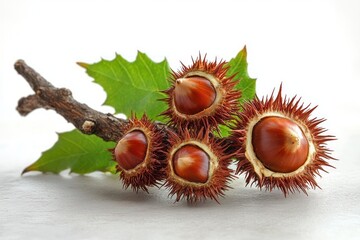 shiny brown chestnuts in spiky red burrs on a twig with green serrated leaves on white background, calm autumn still life