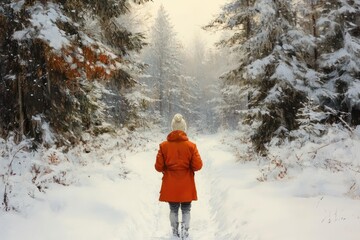 Solitary person in a bright orange coat and white knit hat walking down a snow-covered forest path surrounded by tall evergreen trees, peaceful and contemplative