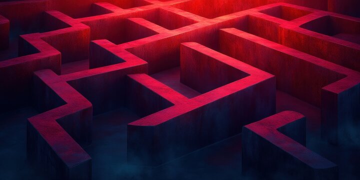 red-lit concrete labyrinth of towering maze walls with deep blue fog and shadowed corridors, evoking mystery and ominous suspense - Powered by Adobe