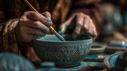 Artisan crafting intricate designs on ceramic bowl at International Fajr Handicrafts exhibition in Iran