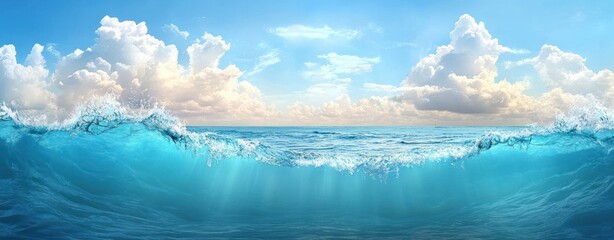 Wide panoramic ocean seascape with turquoise cresting waves, sunlight streaming through water, splashing surf and fluffy clouds under a clear blue sky, peaceful and uplifting