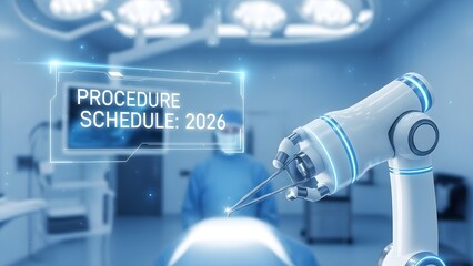 Futuristic surgical robot and holographic schedule displaying "PROCEDURE SCHEDULE: 2026" in a high-tech operating room, symbolizing advanced medical automation and key healthcare trends for 2026.