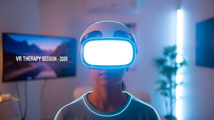 A person engages in a 'VR Therapy Session - 2026', showcasing a major healthcare trend 2026 focusing on virtual reality for mental and physical wellness. Futuristic medical technology.
