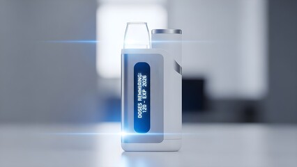 Futuristic smart medical device displaying remaining doses (120) and an expiration date of 2026, symbolizing advanced healthcare technology and tracking features. Represents a key healthcare trend 20