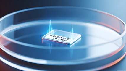 A futuristic bio-sensor microchip labeled V4-2026 sits in a sterile petri dish, projecting holographic data spikes. This visually represents a significant healthcare trend 2026 in advanced diagnostic