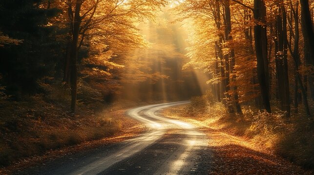 Winding road through the forest with sun rays and autumn landscape. - Powered by Adobe