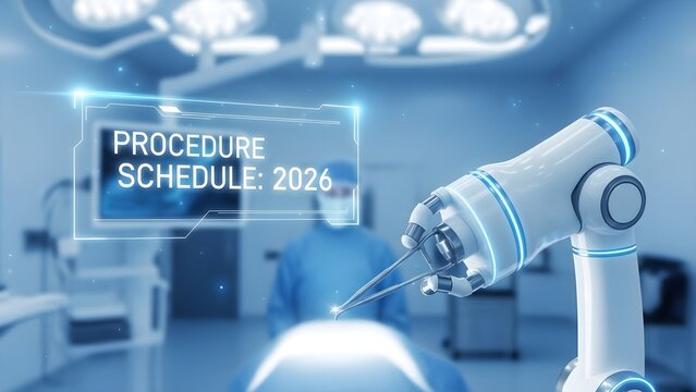 Futuristic surgical robot and holographic schedule displaying "PROCEDURE SCHEDULE: 2026" in a high-tech operating room, symbolizing advanced medical automation and key healthcare trends for 2026. - Powered by Adobe