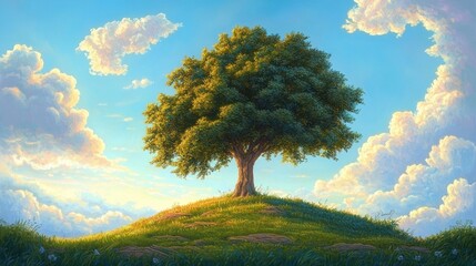solitary broadleaf tree standing on a sunlit grassy hill with rocks and wildflowers under a bright blue sky filled with fluffy clouds, calm and serene atmosphere