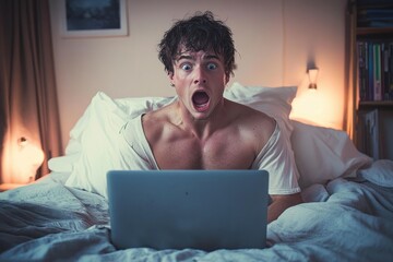 Young shirtless man sitting on bed looking shocked with wide open mouth while using laptop in softly lit bedroom