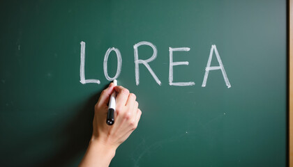 Person writing the word "LOREA" on a green chalkboard with a white marker
