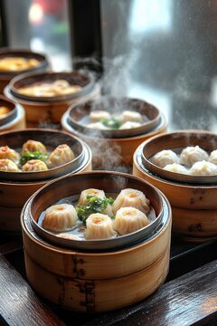 Steaming bamboo steamers filled with assorted dumplings topped with garnishes on a wooden table, warm inviting and appetizing mood