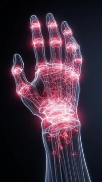 Futuristic Medical Visualization of Hand Pain Glowing Wireframe Hand with Highlighted Joints Indicating Discomfort, Digital Representation of Advanced Technology and Healthcare