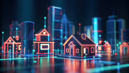 Futuristic real estate search interface concept. Futuristic urban landscape with neon houses and skyscrapers.
