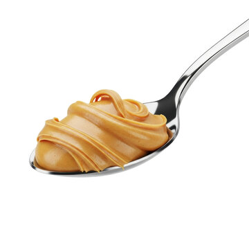 A sleek, highly polished silver spoon holding creamy golden-brown peanut butter with appealing swirls, isolated on a transparent seamless background with diffused studio light, ideal for product