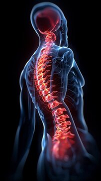 Digital Illustration of Human Spine Highlighting Herniated Disc and Vertebral Column in Glowing Red Hue, Emphasizing Anatomical Study and Potential Spinal Issues in Medical Analysis