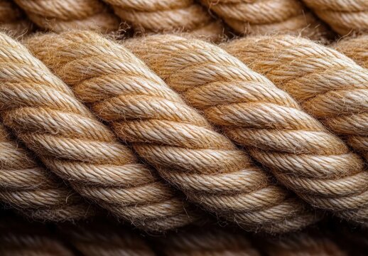 close-up of thick twisted natural fiber rope strands with frayed coarse fibers and warm beige texture conveying a sturdy rustic tactile feel