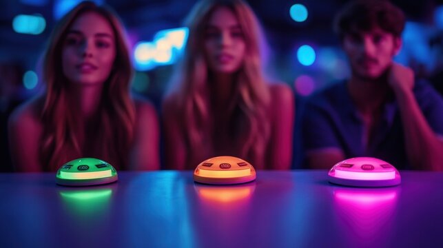 three people seated behind three glowing neon game buzzers on a glossy table, colorful club lighting and bokeh creating an excited, anticipatory mood