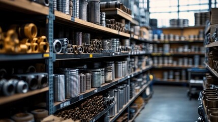 Naklejka premium organized warehouse aisle filled with metal pipes, cylindrical fittings and couplings on industrial shelves, cool lighting and efficient mood
