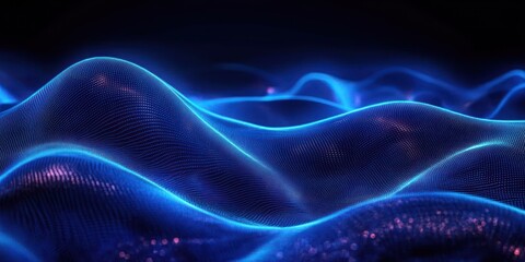 Naklejka premium Glowing blue digital mesh of undulating waves and dotted particles with purple highlights on a dark background, evoking serene futuristic motion