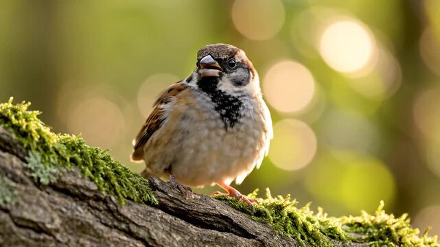 A small, fluffy house sparrow perched on a moss-covered tree branch, with a soft, blurred green background.