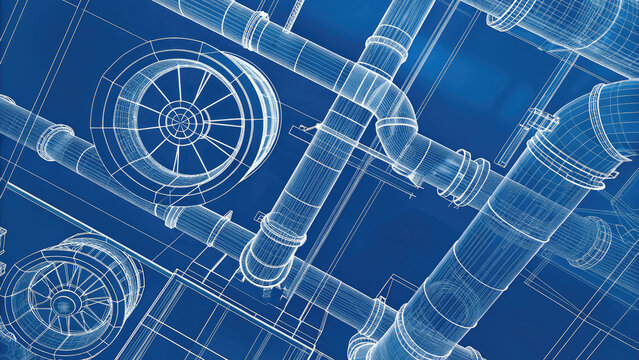 3D blueprint of HVAC network design concept. Blueprint design showcasing mechanical piping and ventilation systems.