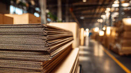 Stacked corrugated cardboard sheets concept. Close-up of stacked cardboard boxes in a modern warehouse setting.